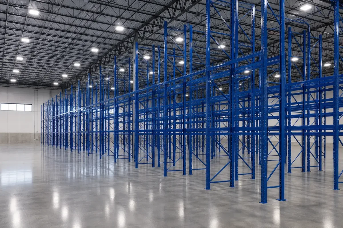Empty warehouse bay lined with tall unloaded blue pallet rack frames under ceiling lighting