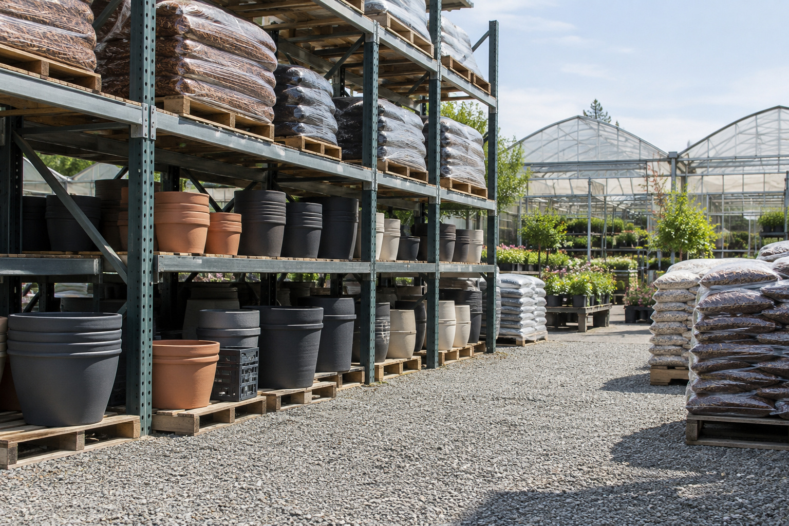 Outdoor nursery supply yard with cantilever rack holding stacked nursery pots and pallets of bagged mulch and soil amendments, greenhouse structures visible in the background