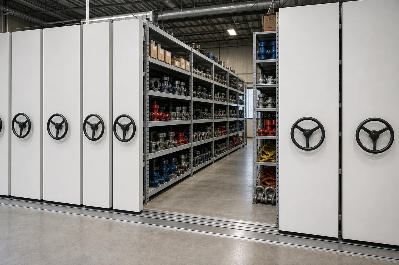 Heavy duty mobile shelving carriages with black handwheels open to a dense aisle of valves, flanges, fittings and rigging hardware in an oilfield storeroom