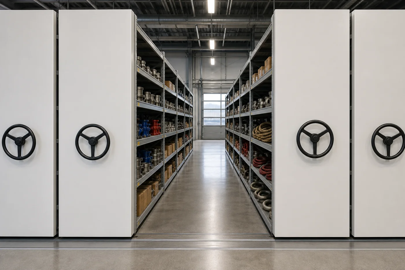 Open aisle of heavy duty mobile shelving in an oilfield storeroom with carriage end panels and handwheels flanking shelves loaded with valves, fittings and rigging slings