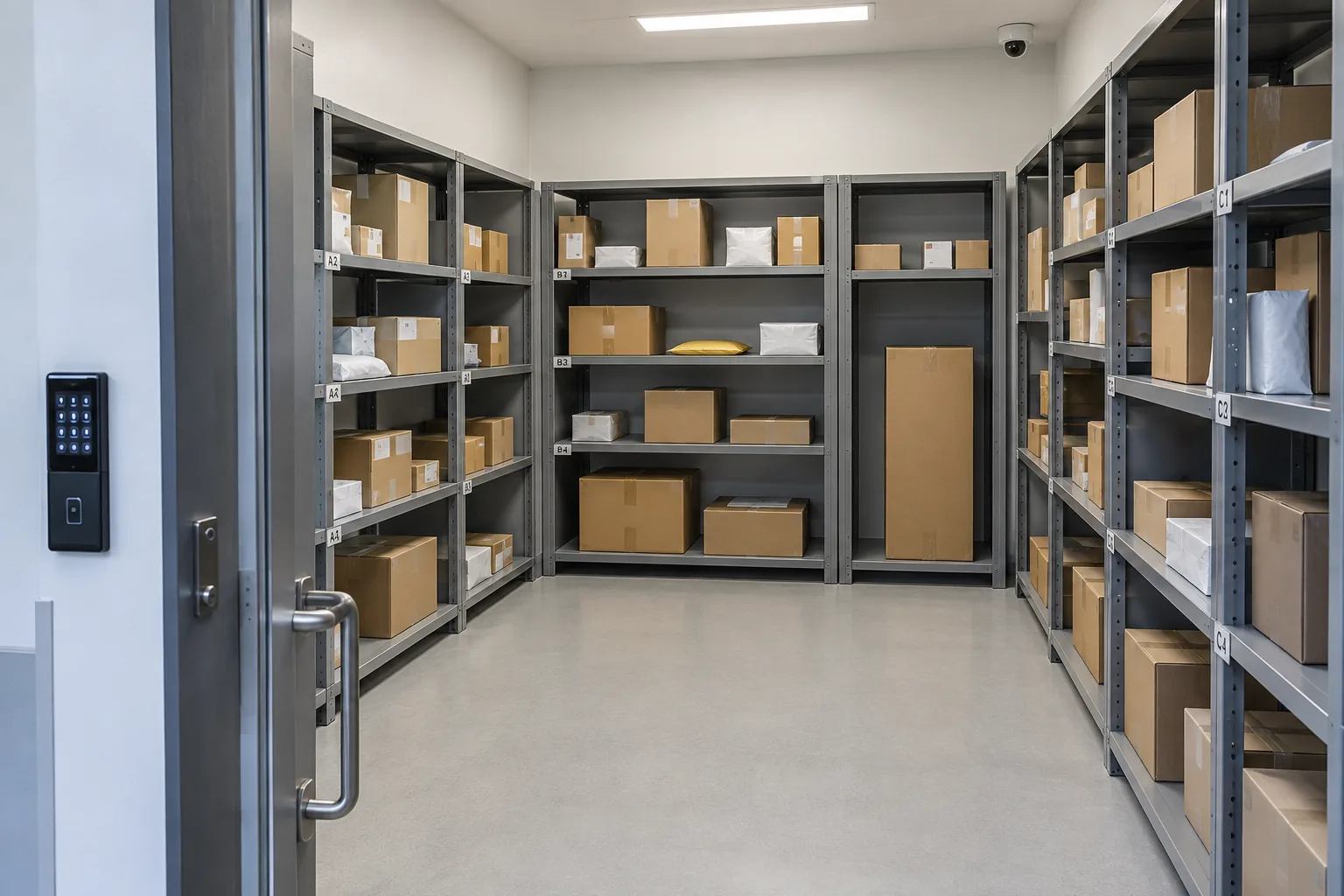 Open smart package room in an apartment building with a keypad-controlled door, labeled steel shelving zones for parcels, an oversized box bay and a ceiling camera