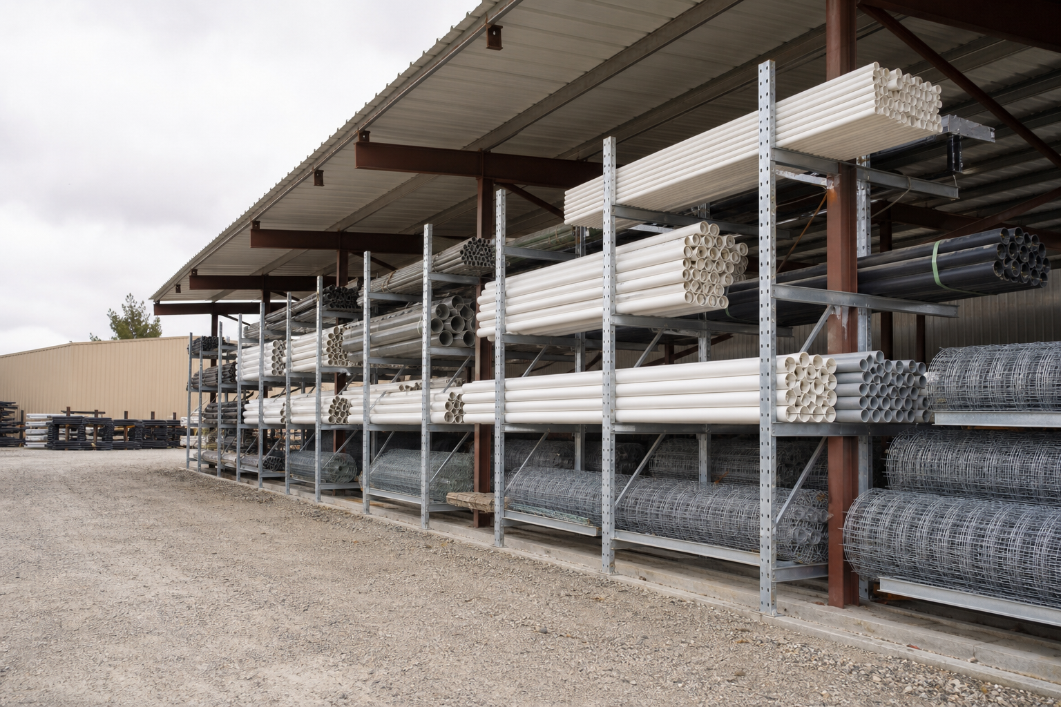 Outdoor galvanized cantilever racking under a covered canopy holding irrigation pipe and fencing rolls in a farm supply yard
