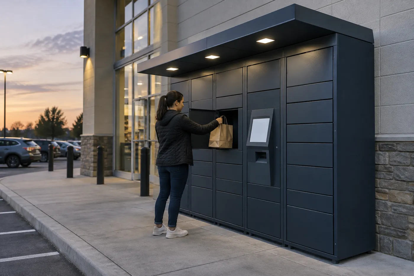 Outdoor canopy smart pickup locker bank on a retail storefront beside the parking lot at dusk