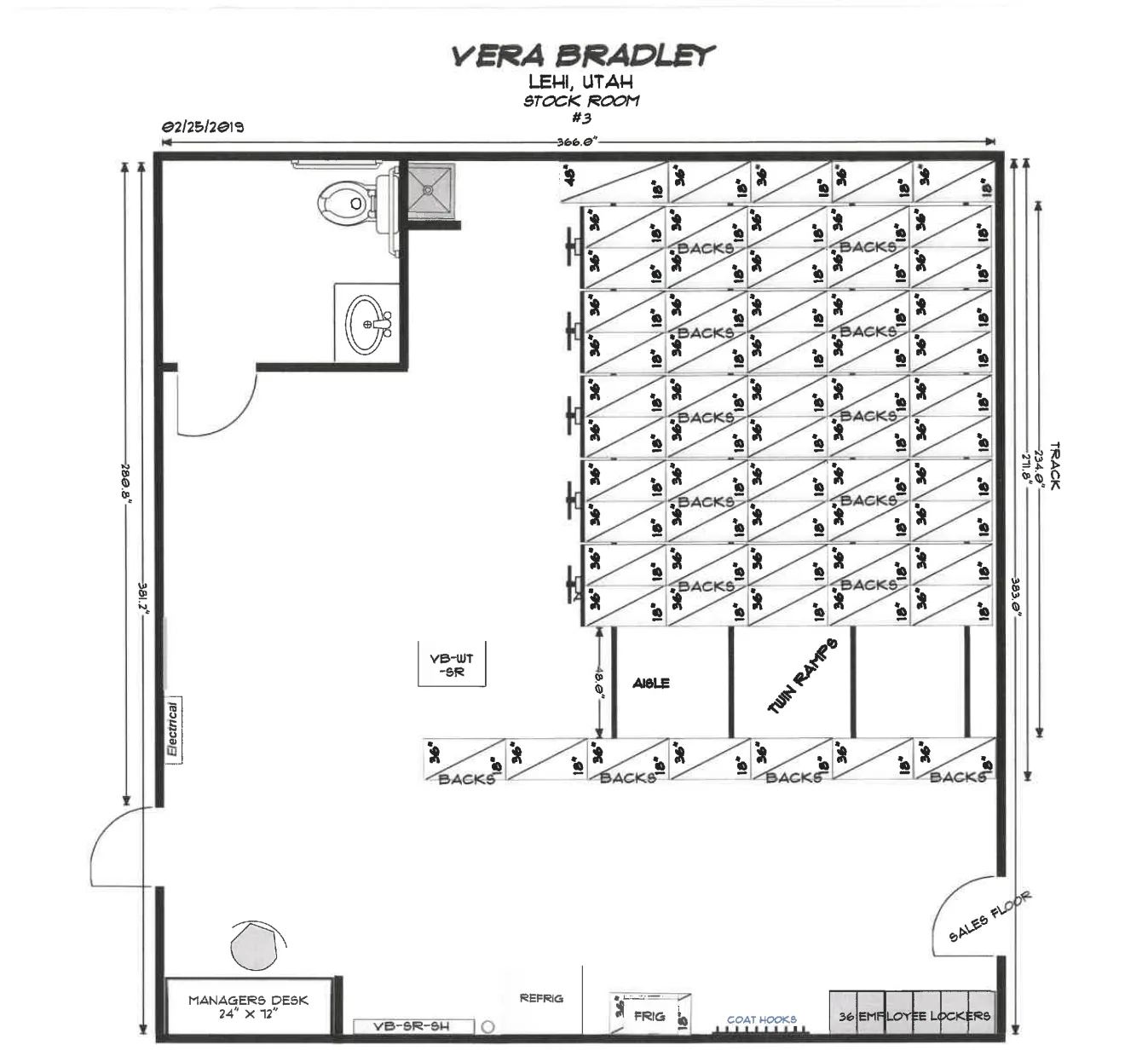 Mobile shelving layout drawing for a retail outlet store stockroom in Lehi, Utah