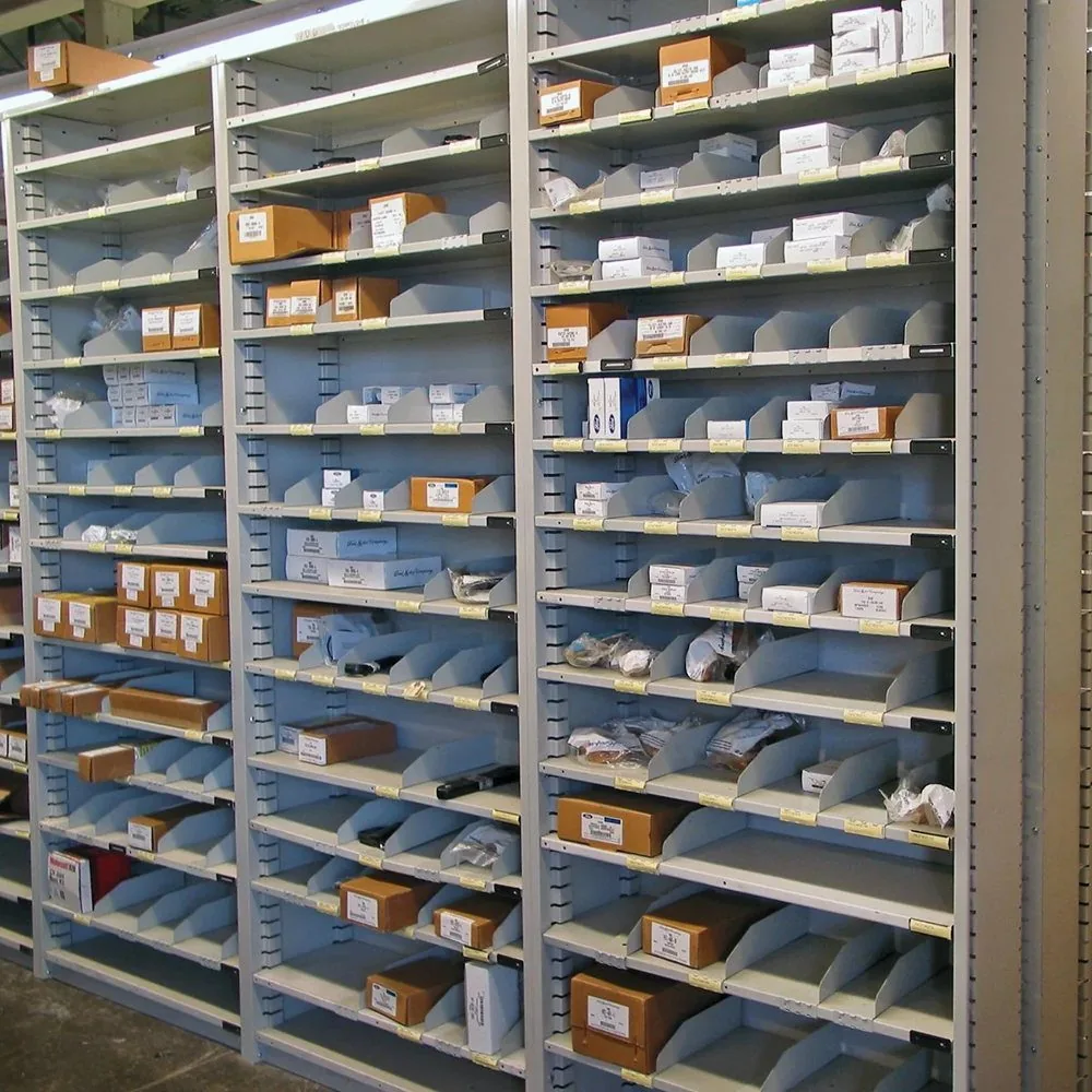 Gray Borroughs Flexi-Bin shelving with divided compartments and boxed small parts