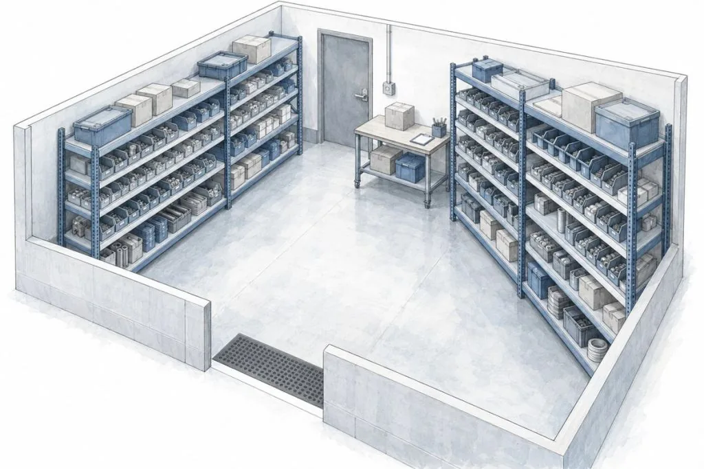 AI-generated conceptual sketch of a small stationary parts storeroom