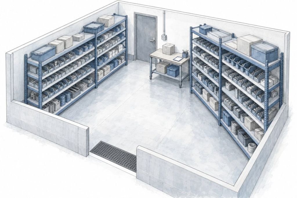 AI-generated conceptual sketch of a small stationary parts storeroom