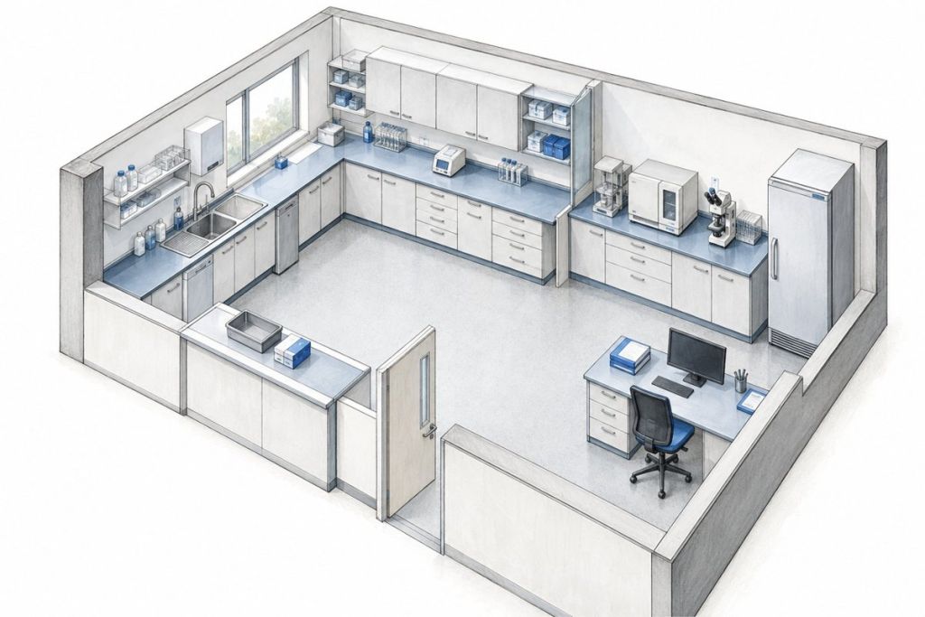 AI-generated conceptual sketch of a compact laboratory with separated wet and dry work areas