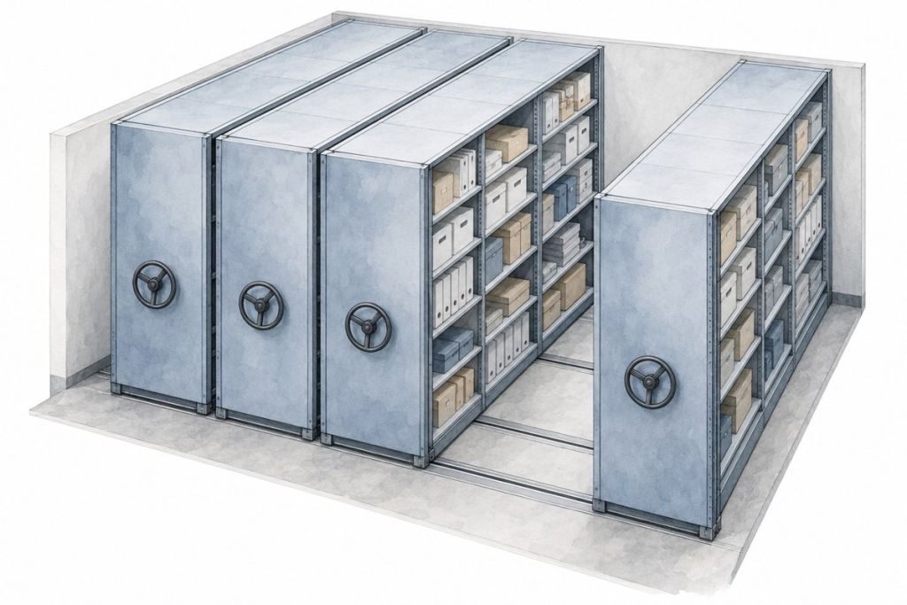AI-generated conceptual sketch of compacting mobile shelving with one open aisle