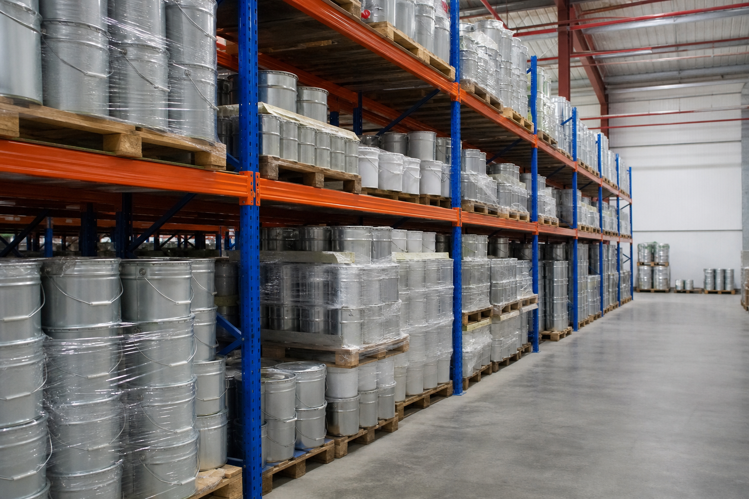 Palletized paint pails and cans stored on steel selective pallet racking in a coatings warehouse