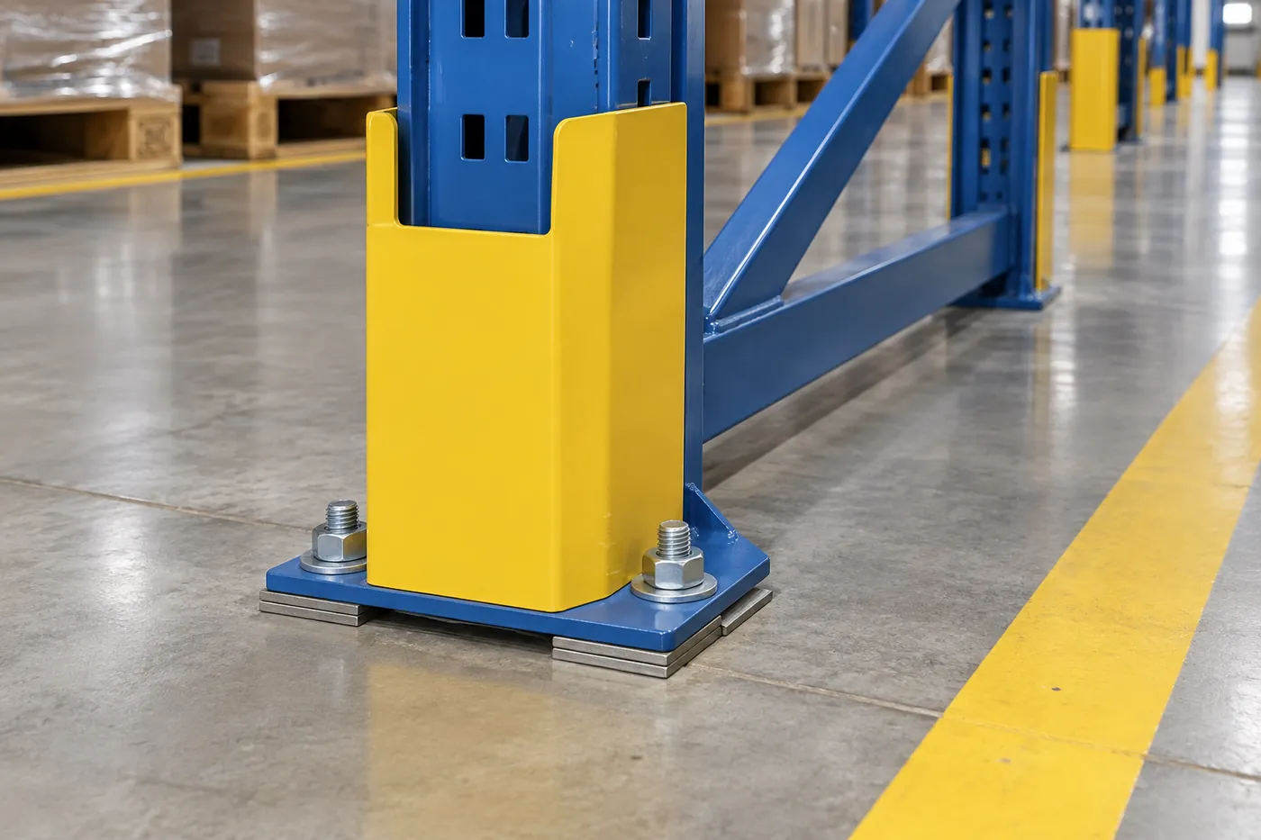 Pallet rack upright base plate with steel shims and two concrete anchor bolts behind a yellow column protector