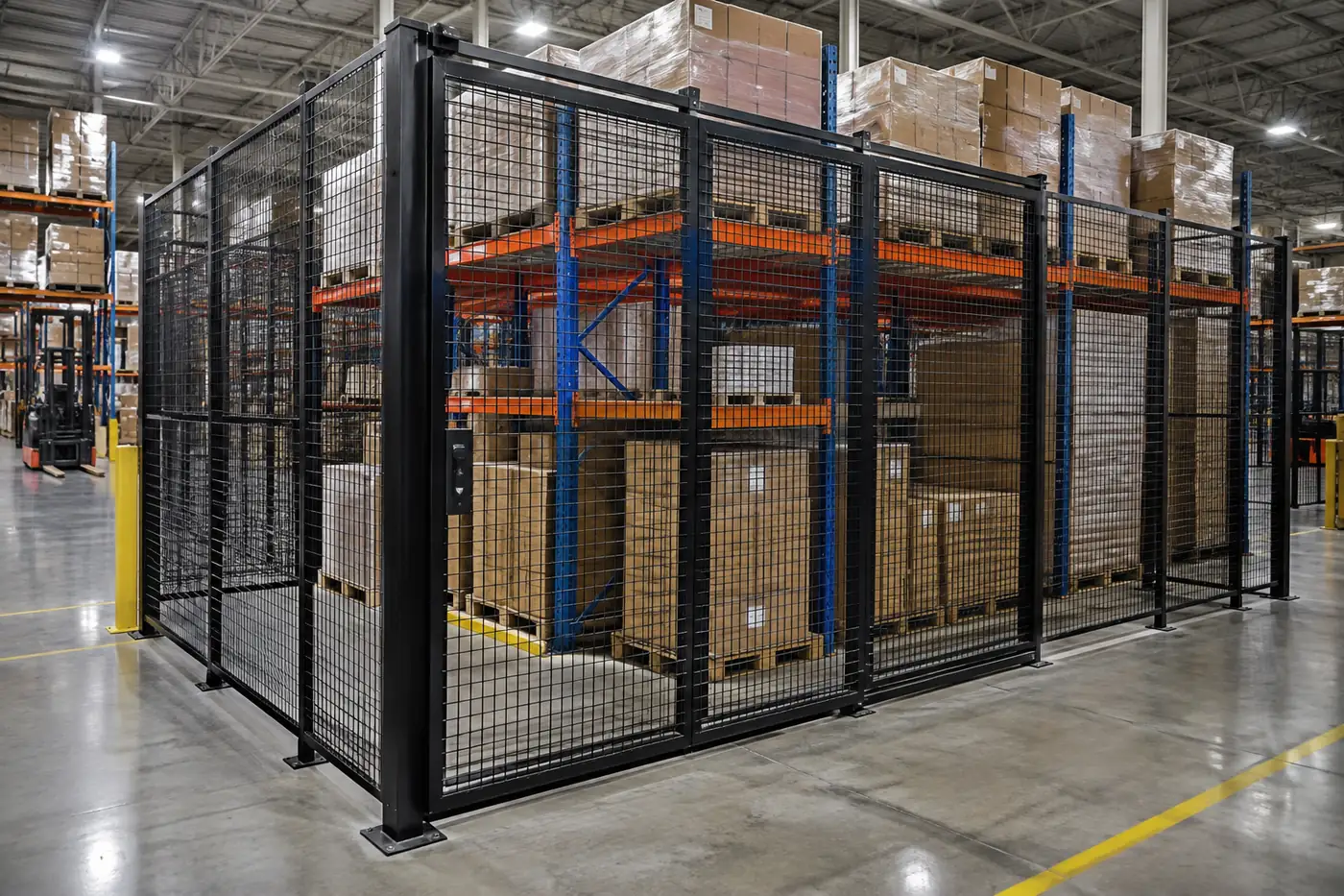 Pallet rack bay enclosed with black wire mesh back and end panels and a mesh door in a distribution warehouse