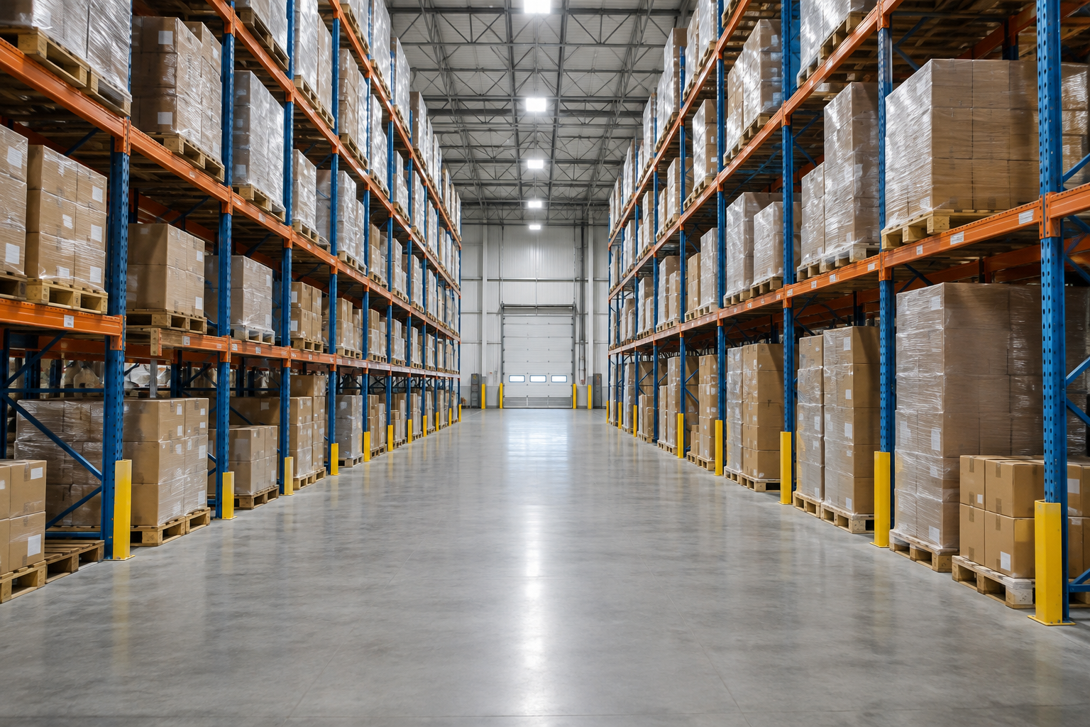 Loaded pallet rack rows with a wide center aisle in a warehouse used for a rack feasibility study