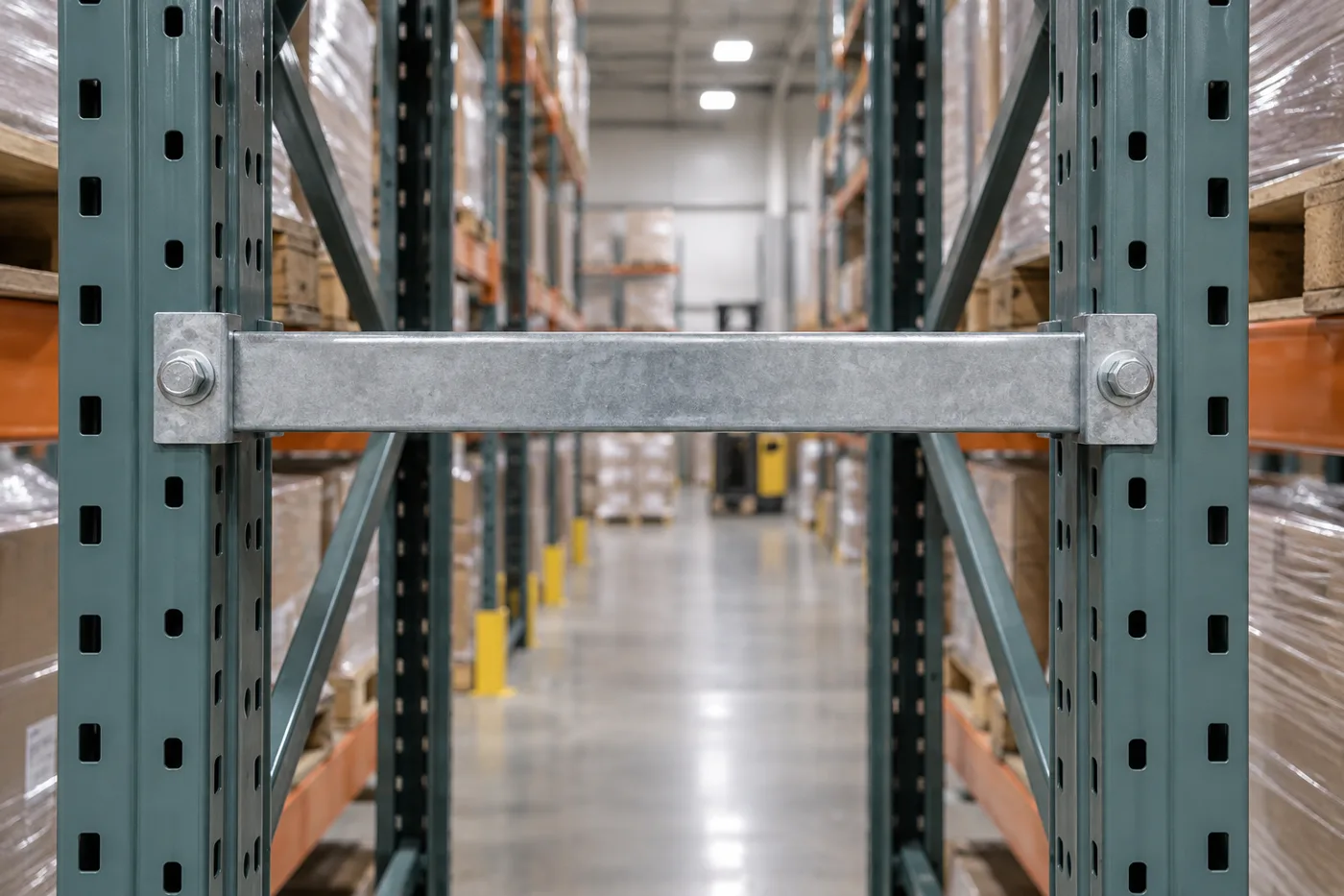 Galvanized steel pallet rack row spacer bolted between two back-to-back upright frames to hold a fixed flue space gap