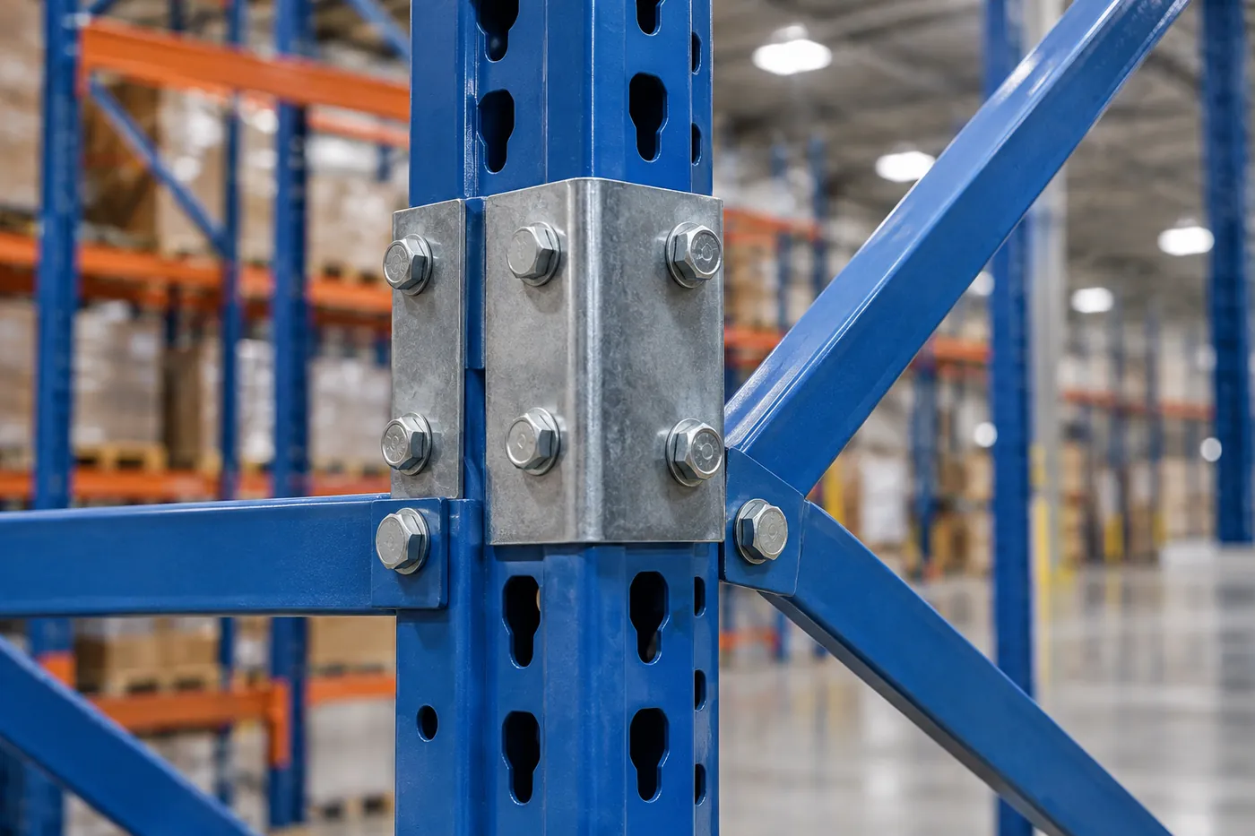 Close-up of a bolted splice plate joining a pallet rack upright extension to the top of an existing teardrop column