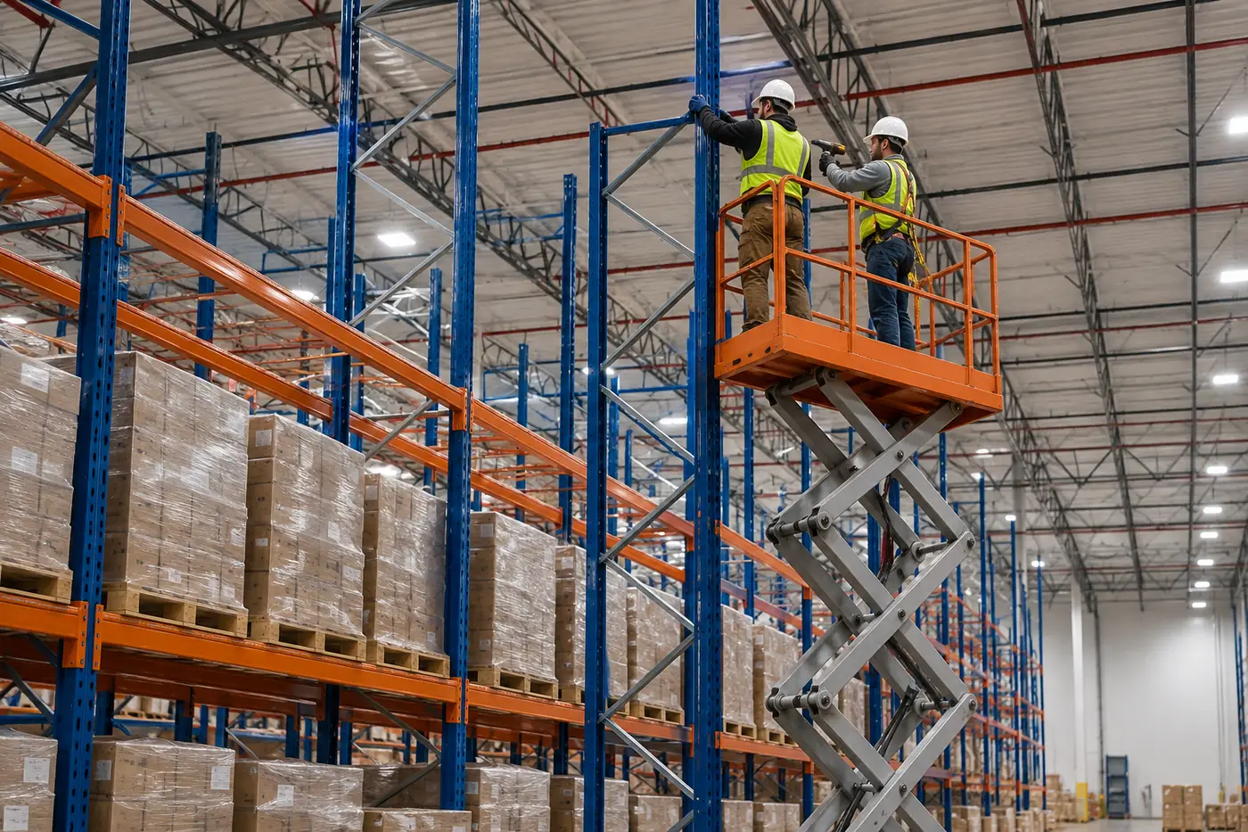 Two installers on a scissor lift bolting upright frame extensions onto the top of existing selective pallet rack in a Utah distribution warehouse