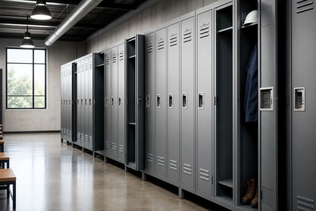 A row of open steel facility storage lockers in an office break area, often planned alongside parcel locker systems.