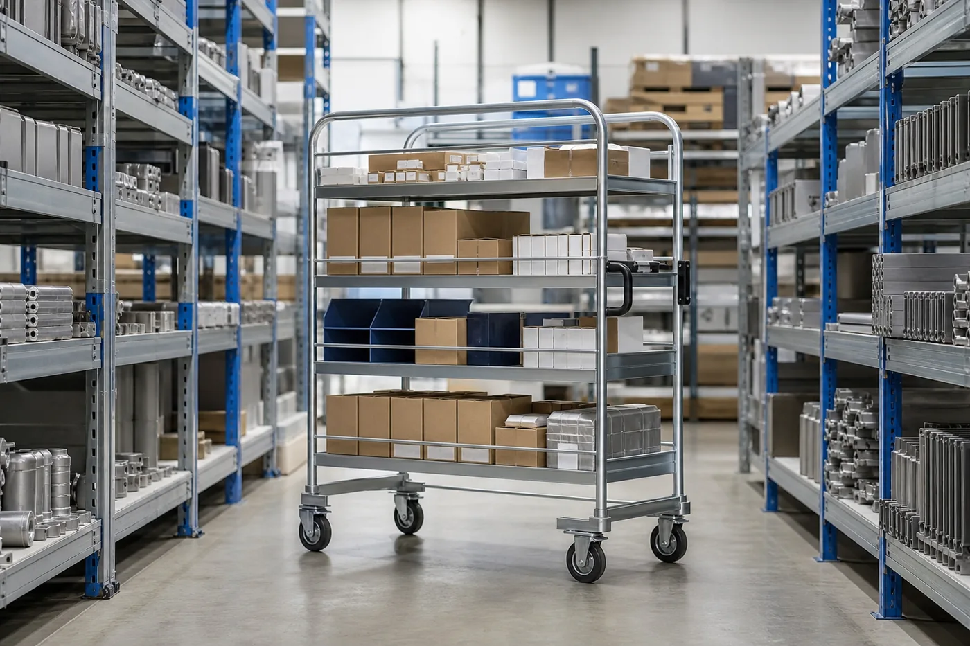 Put-away cart loaded with small parts boxes in a steel shelving aisle