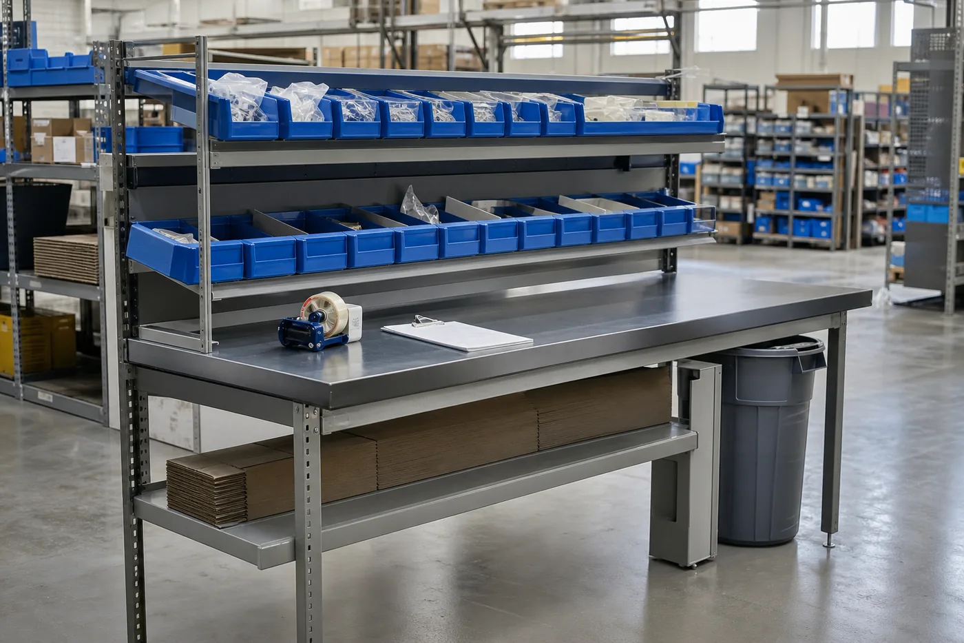 Receiving workbench with bin rails and plastic bins in a parts stockroom