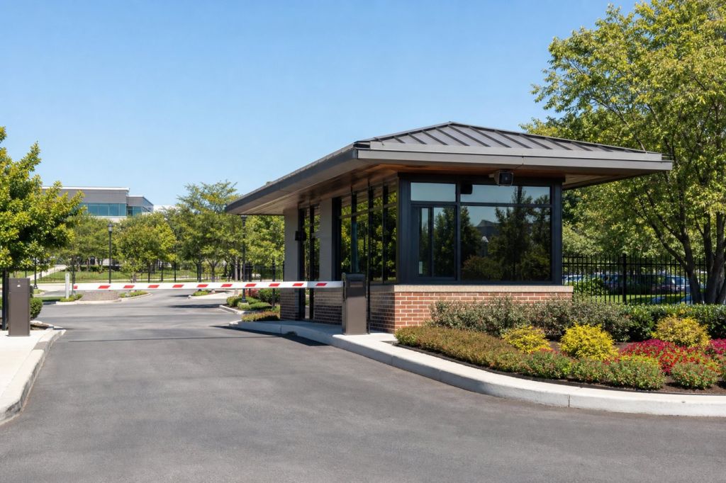 Permanent guard house with metal roof overhang at a corporate campus vehicle entrance with gate arm