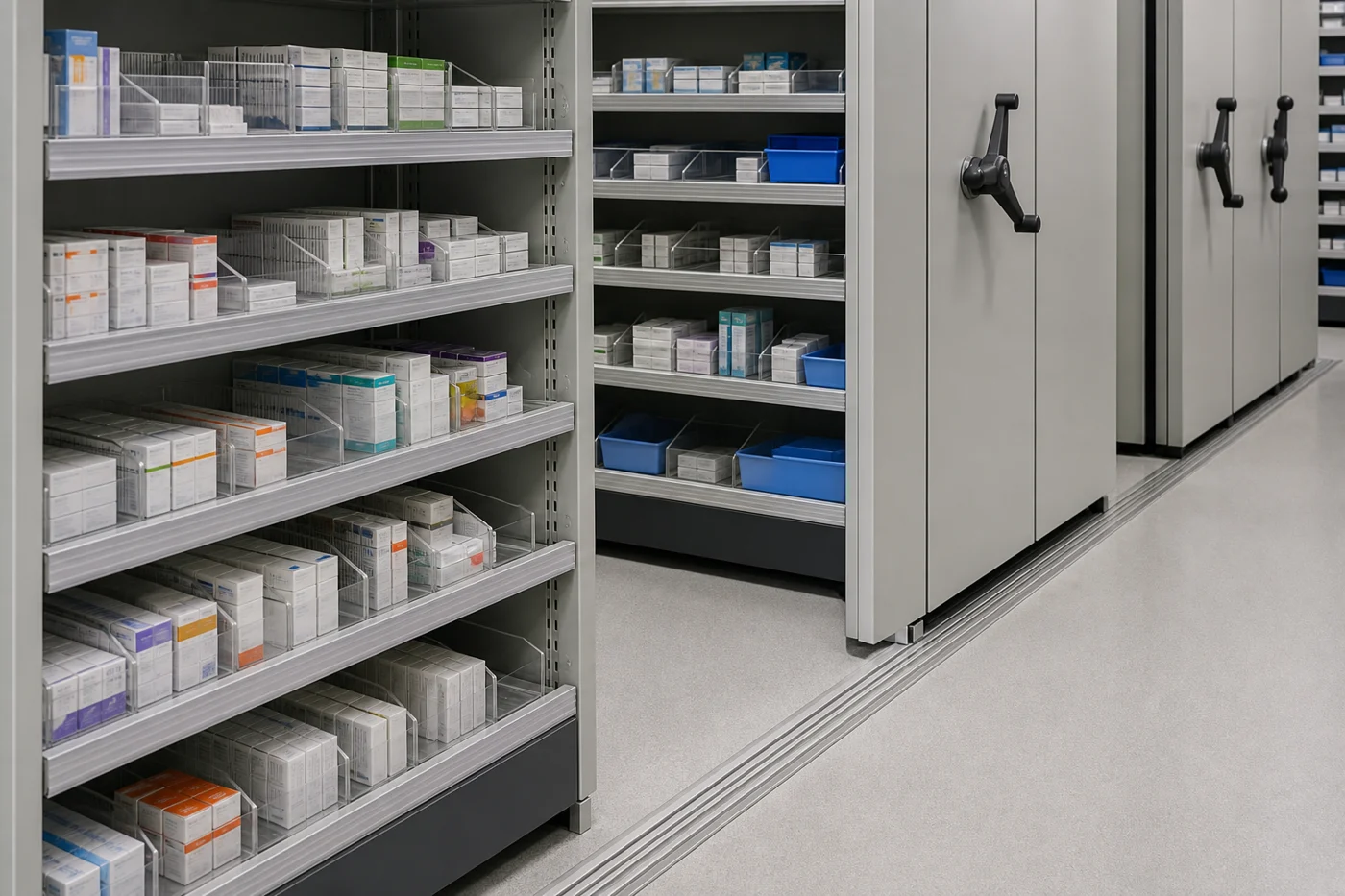 Open aisle in a pharmacy mobile shelving system with shelf dividers holding medication cartons and bins