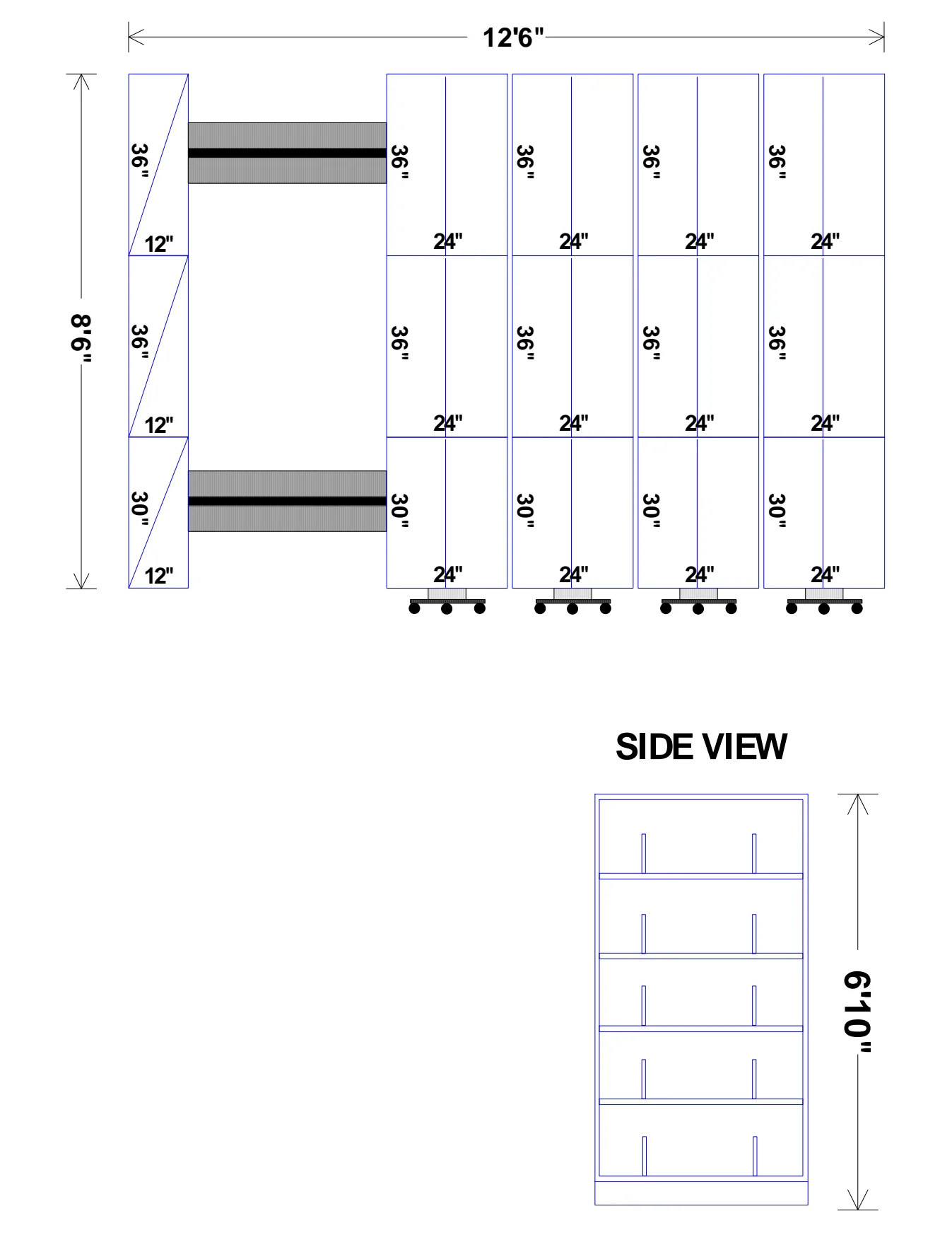 Mobile shelving layout and elevation drawing for a pipeline operations records room in Rio Vista, California