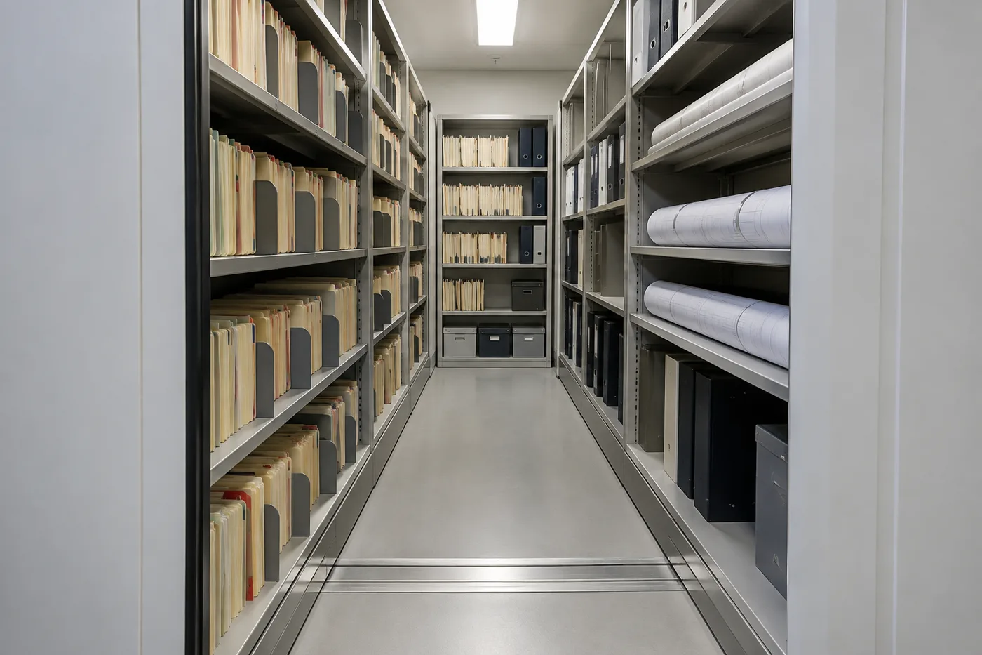 Open aisle inside a mobile shelving system holding file folders, binders and rolled drawings