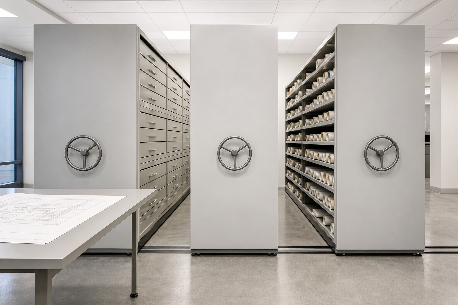 Plan room with large-format drawing storage: flat file drawers and rolled plan storage on high-density mobile carriages