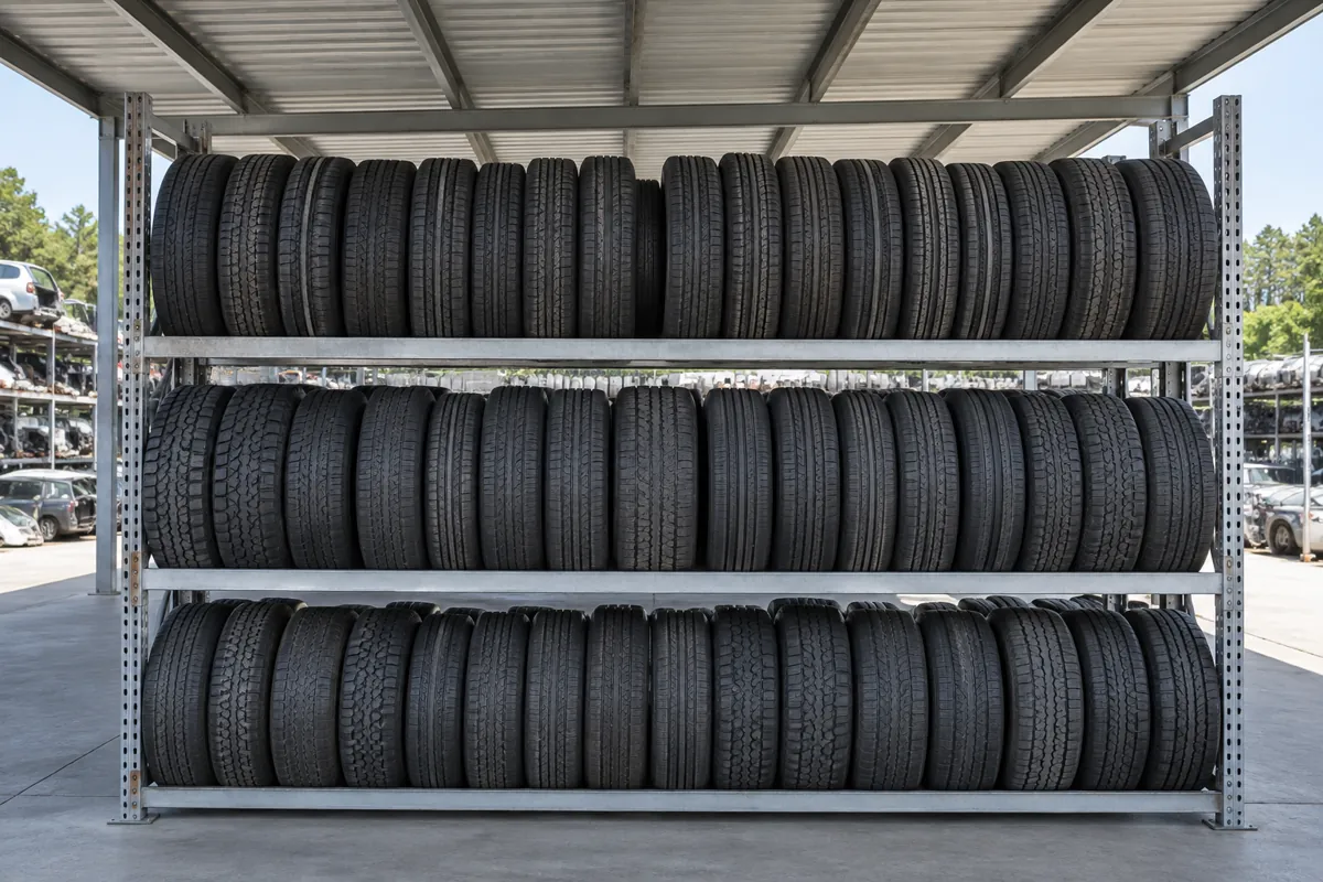 Steel tire storage rack on a concrete pad under an open-sided canopy at a salvage yard, tires upright on three levels