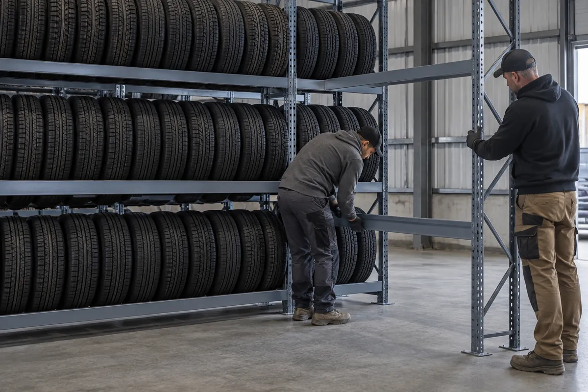 Two workers adding a beam and upright frame to extend an existing steel tire rack run