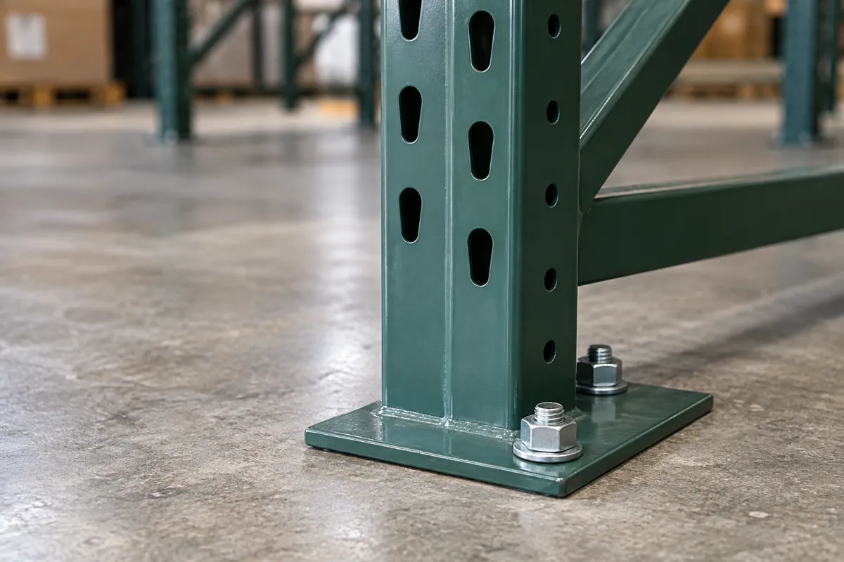 Close-up of a steel rack upright foot plate bolted to a concrete floor