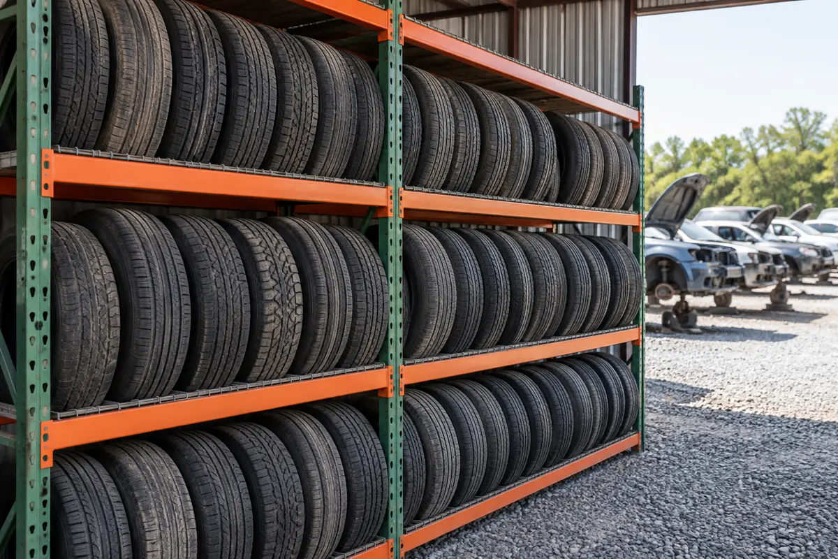 Three-level steel tire storage rack at a self-service auto salvage yard with used tires stored upright on the tread and shown edge-on, dismantled cars visible outside