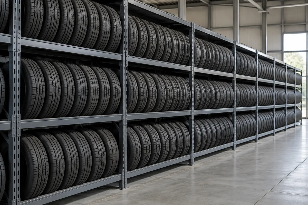 Long connected run of sectional steel tire rack with three shelf levels of upright edge-on tires and a clear aisle