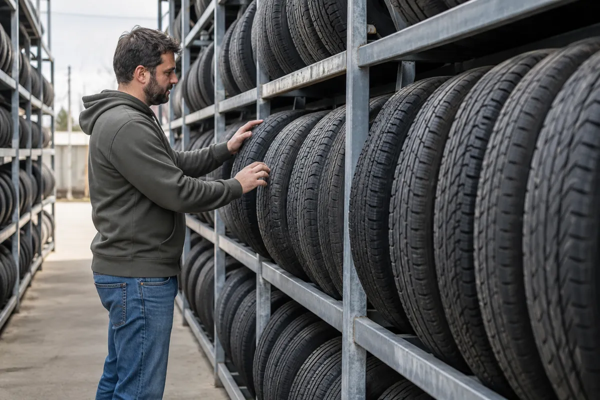 Customer browsing a single-depth row of used tires standing upright edge-on on a steel tire rack
