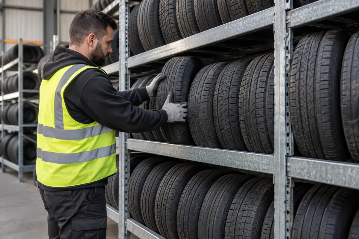 Worker in a safety vest placing an upright used tire onto a steel tire rack shelf while sorting by size