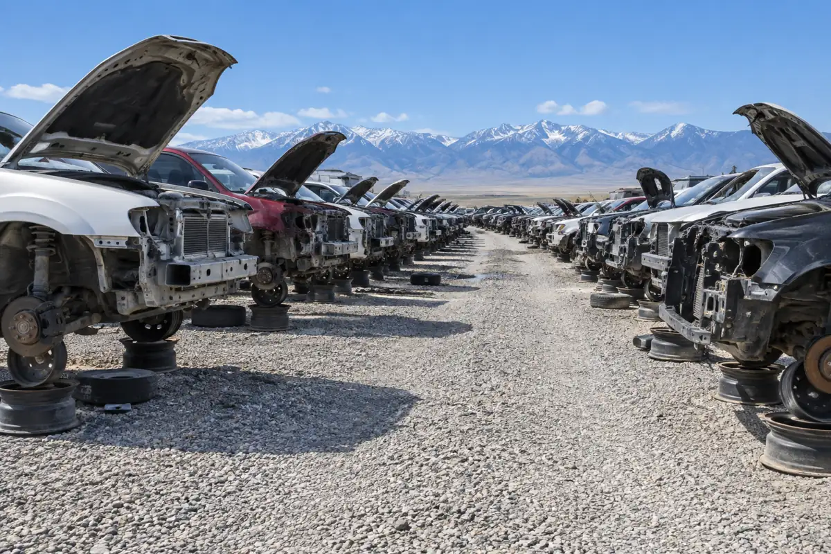 Rows of dismantled vehicles on stands at a self-service auto salvage yard with mountains in the distance