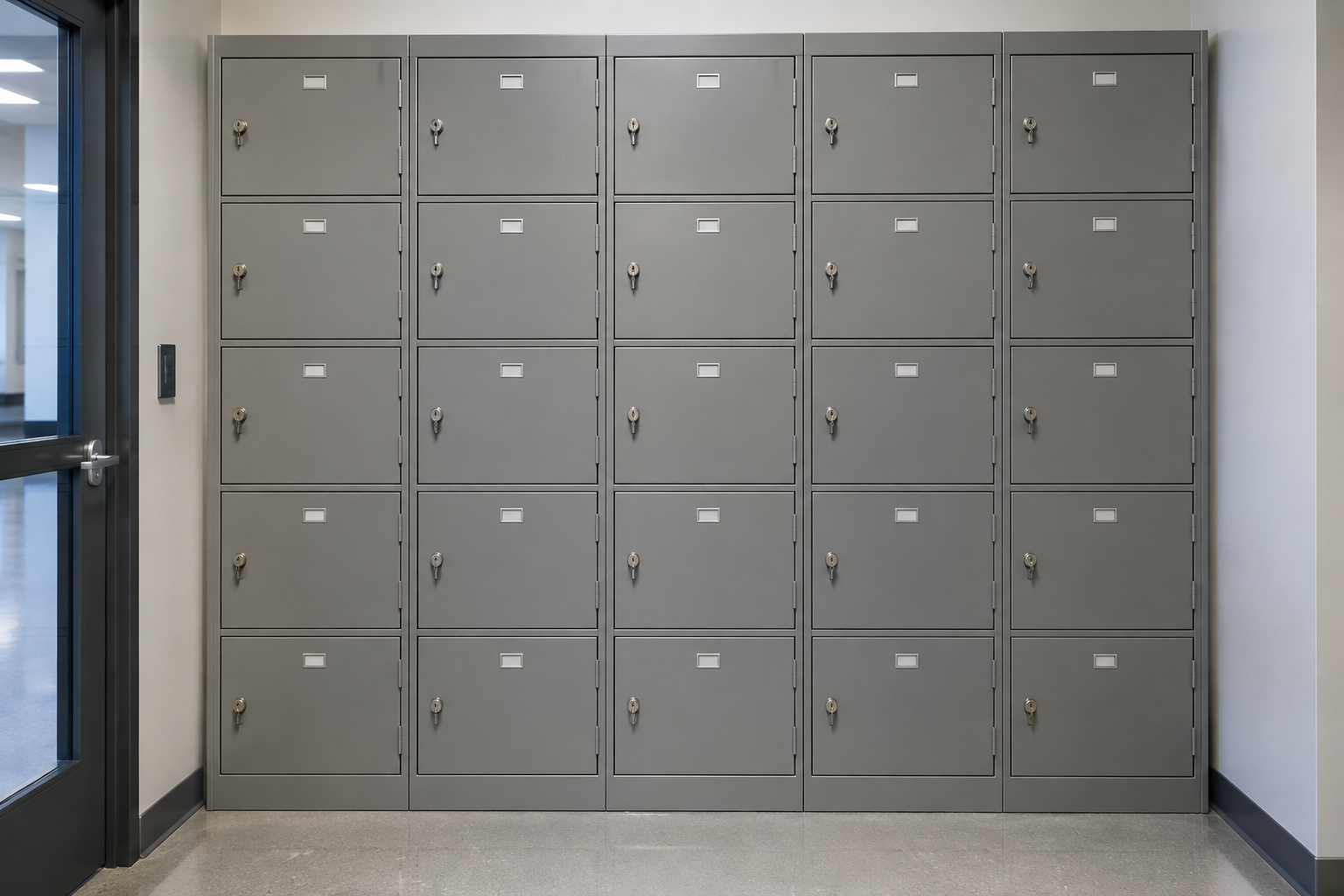Front view of a bank of steel police evidence lockers with individual locking compartment doors