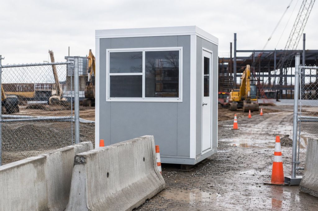 Compact portable guard booth at a temporary construction site entrance with fencing and cones