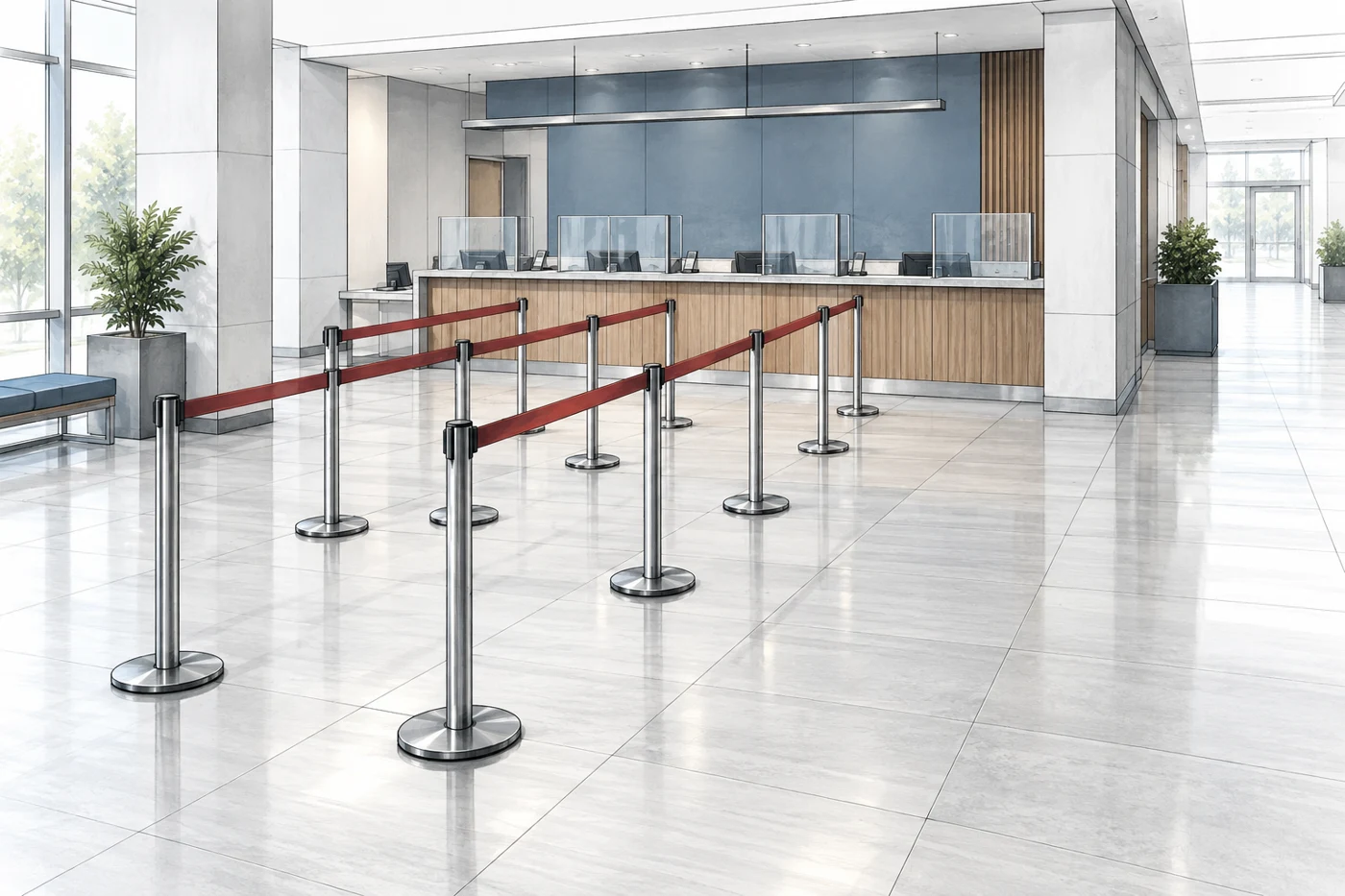 AI-generated drawing of a service counter and retractable belt queue