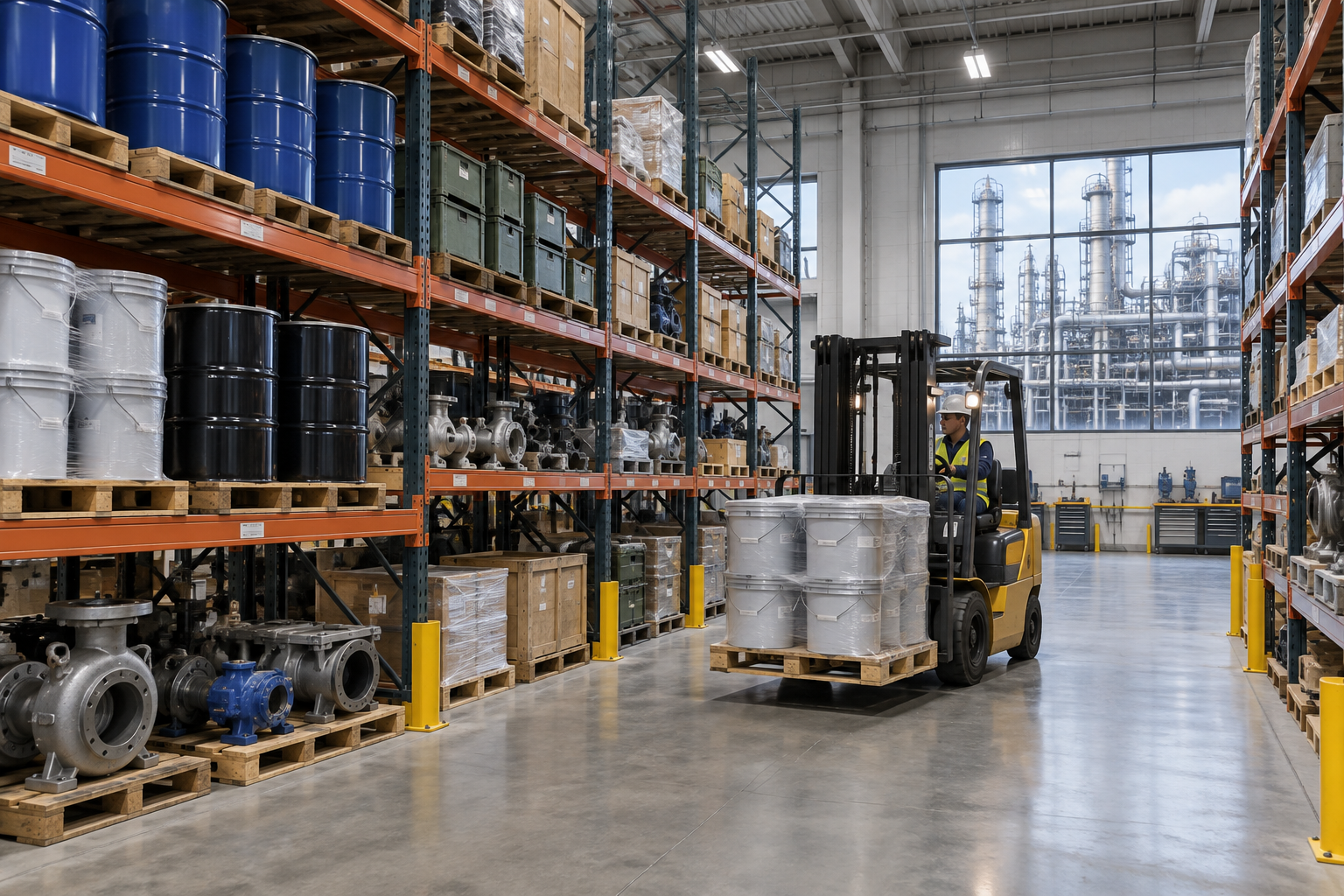 Forklift moving a pallet of packaged lubricant containers through a refinery MRO parts warehouse aisle lined with steel pallet racking