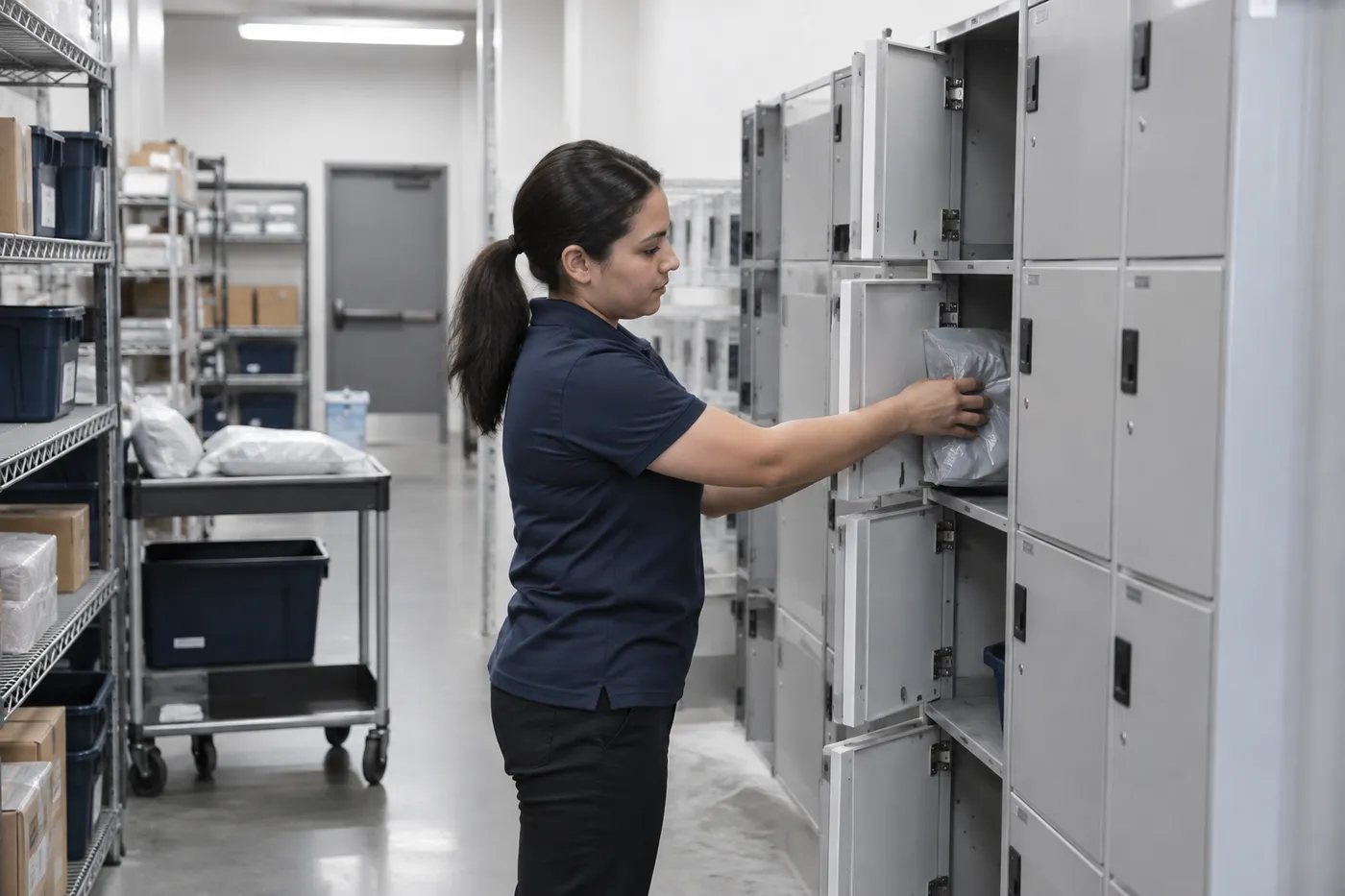 Store associate loading an online order into the rear-access side of a through-wall smart pickup locker