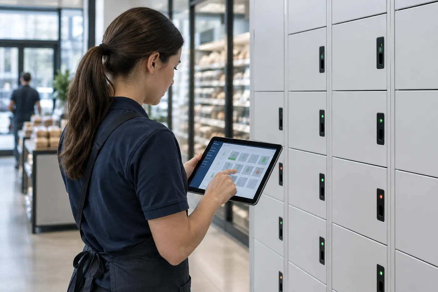 Retail associate checking smart locker occupancy on a cloud dashboard tablet beside a locker bank