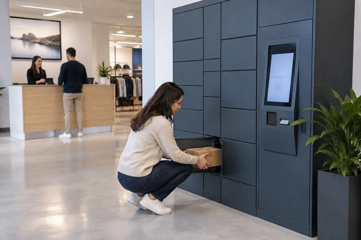 Customer placing a return package into a self-service returns smart locker near a store service desk