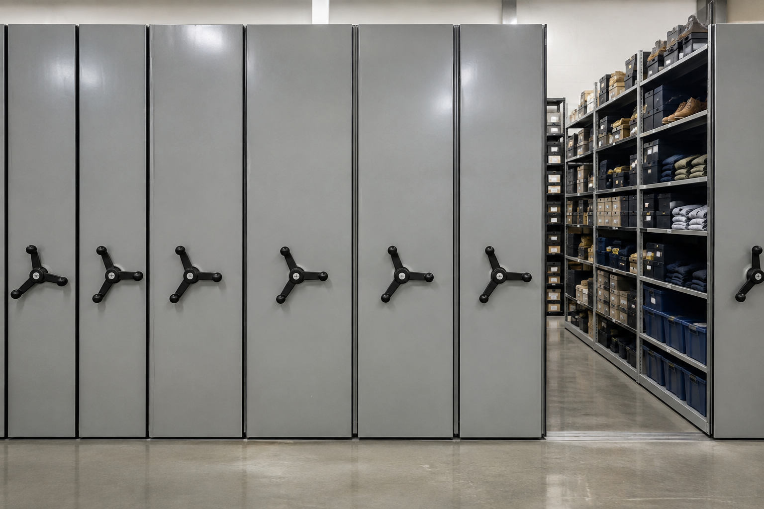 Front-facing mobile shelving carriage ends with handwheels in a retail workwear store stockroom