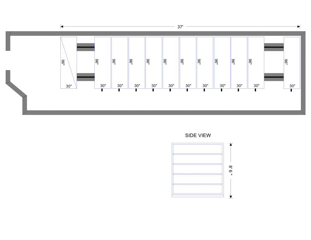 Mobile shelving layout drawing for a retail workwear store stockroom in Redding, California