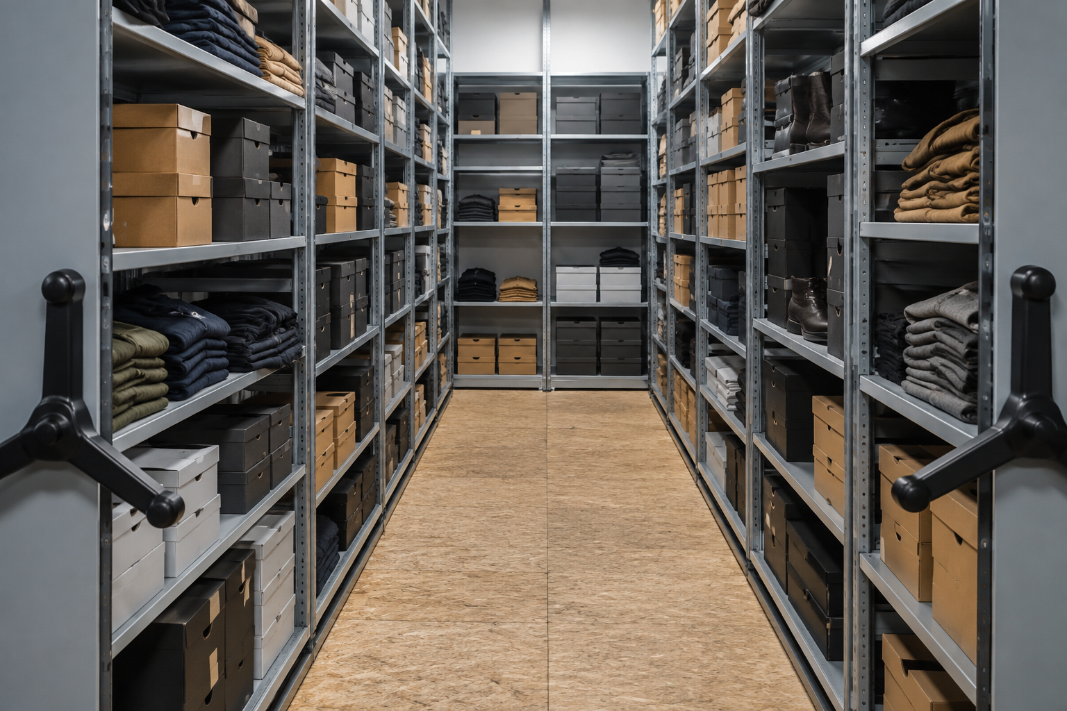 Open aisle inside a retail stockroom mobile shelving system with six shelf levels of boxed footwear and folded workwear