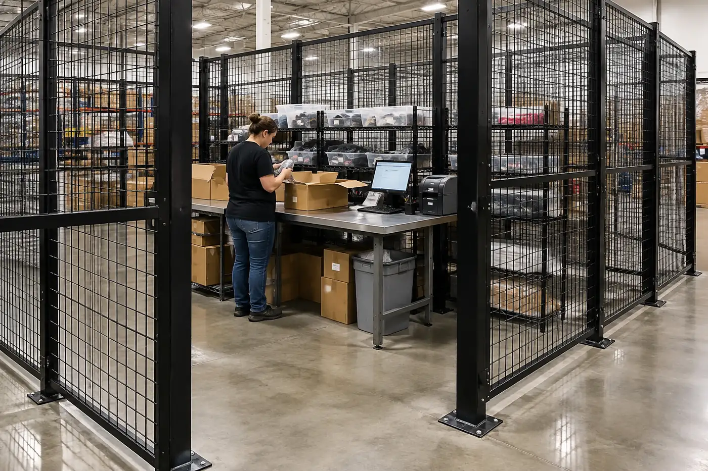 Worker inspecting returned items at a steel workbench with a computer and label printer inside a black wire mesh returns cage