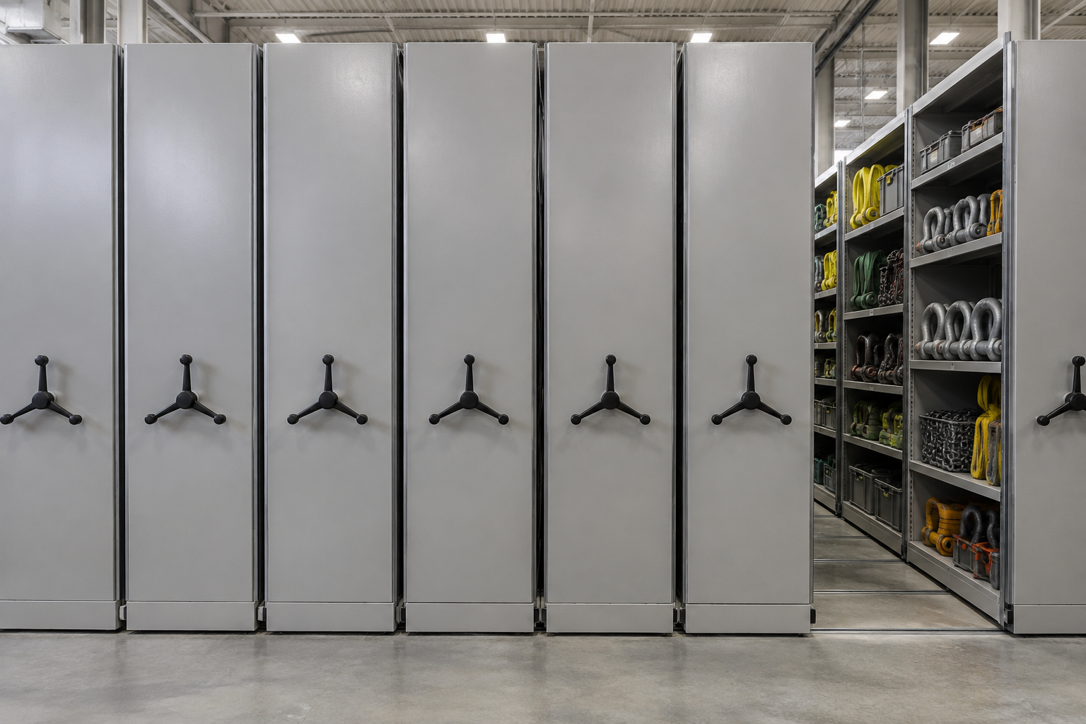 Front-facing high-density mobile shelving carriage ends with tristar handwheels in a rigging equipment warehouse