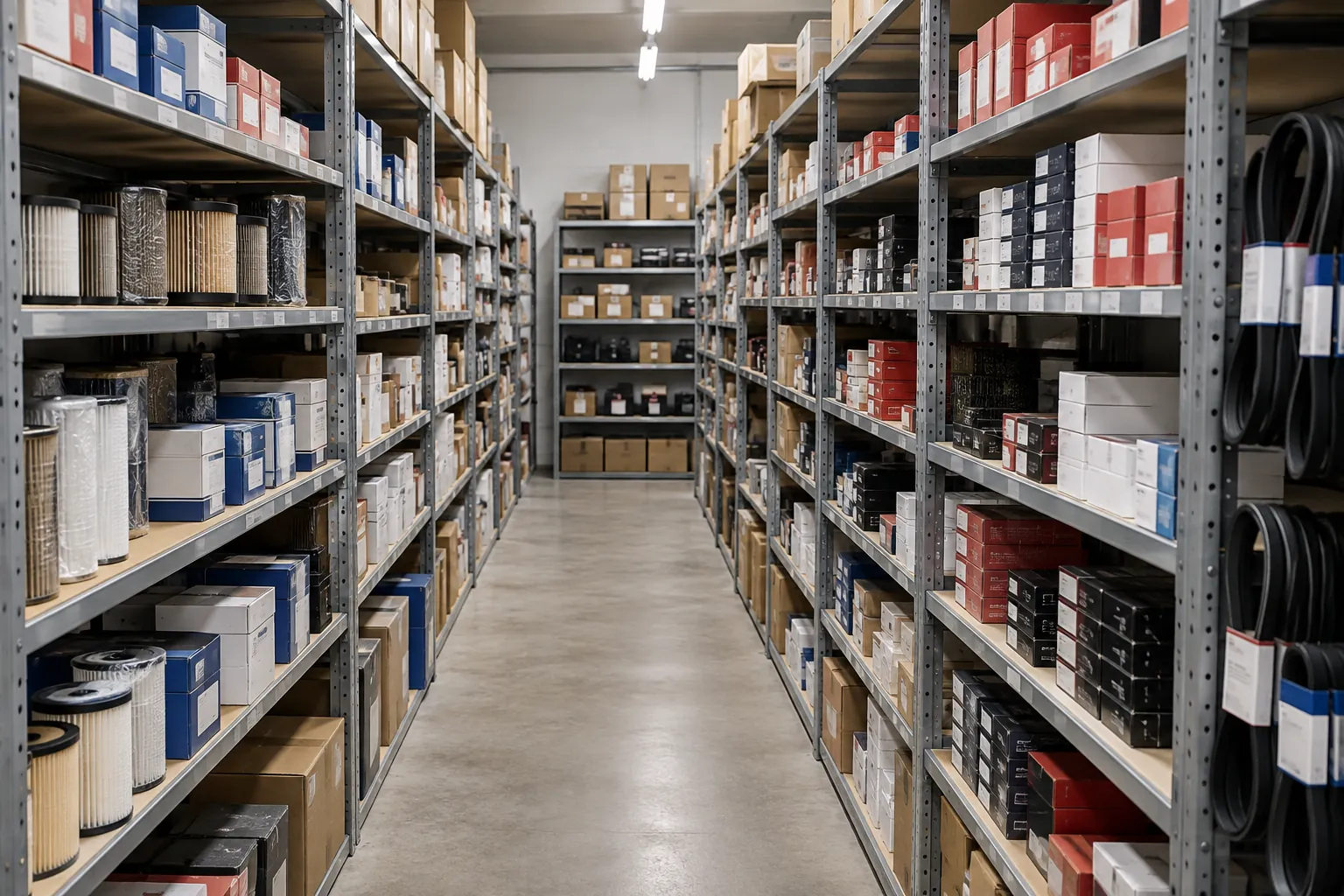 RiveTier rivet shelving holding boxed auto parts in a parts store stockroom