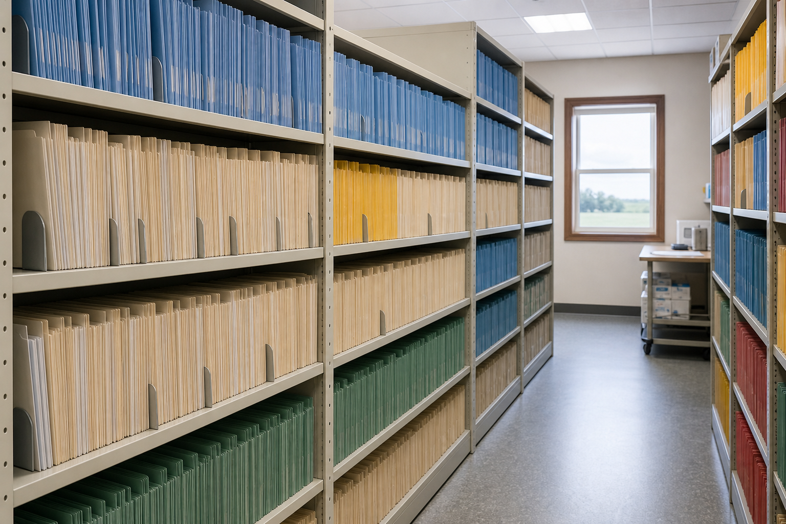Open aisle of steel file shelving in a rural clinic records room filled with colour coded letter size end tab folders